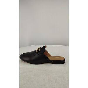 Quince Black Leather Backless Loafer Mules with Gold Bit